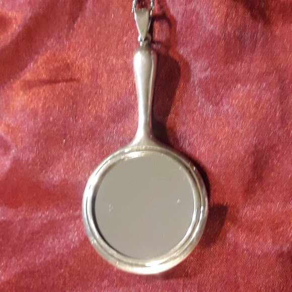 925 Sterling Silver Pendant Vintage 90s Hand Mirror on Silvertone Chain Extender - Picture 4 of 8
